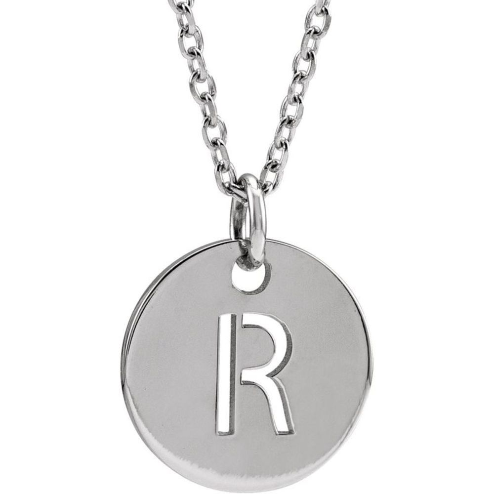 Sterling Silver Initial R, Small 10mm Pierced Disc Necklace, 16-18 In.